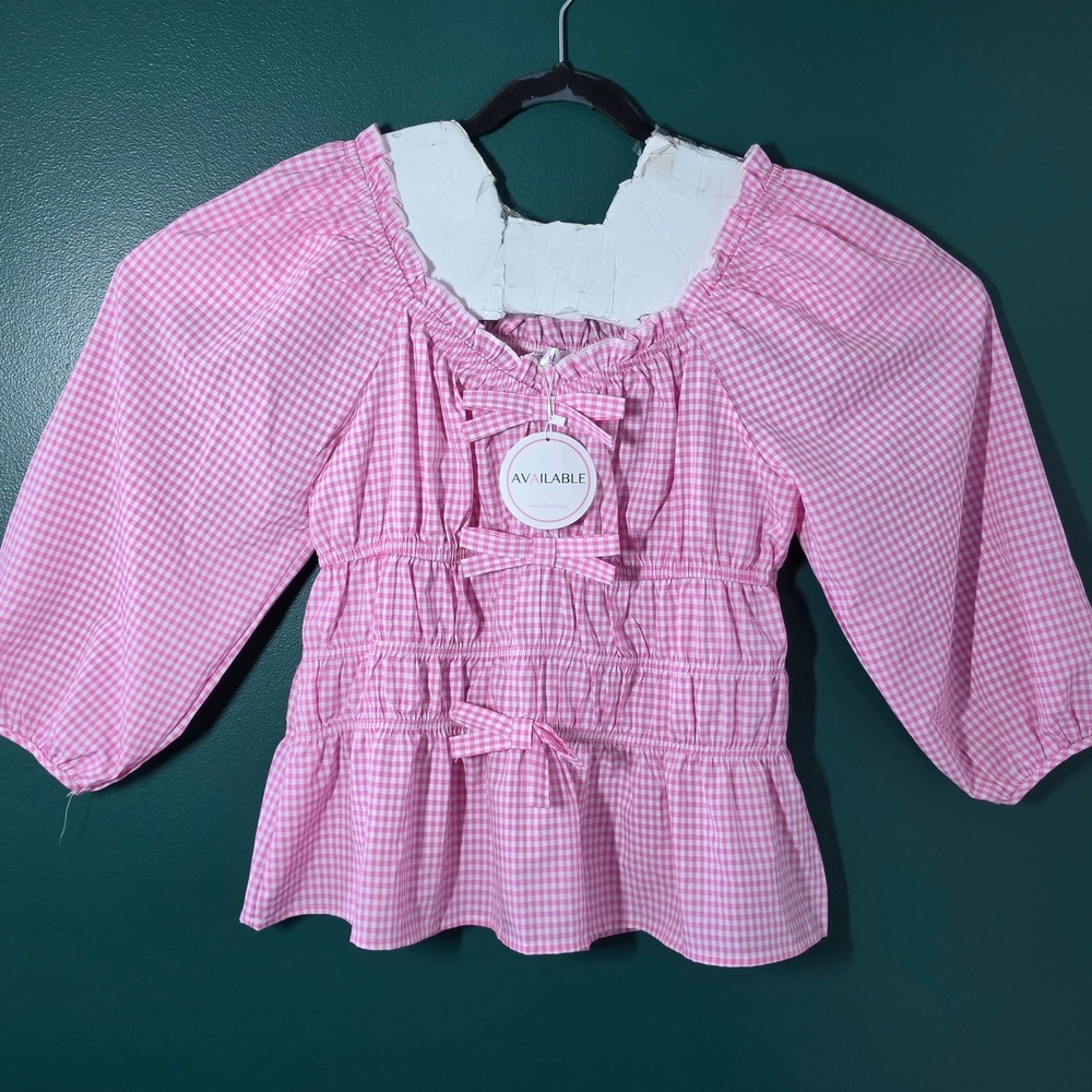 Available Pink Gingham Puff Sleeve Smocked Peplum Top T51233W Large NWT